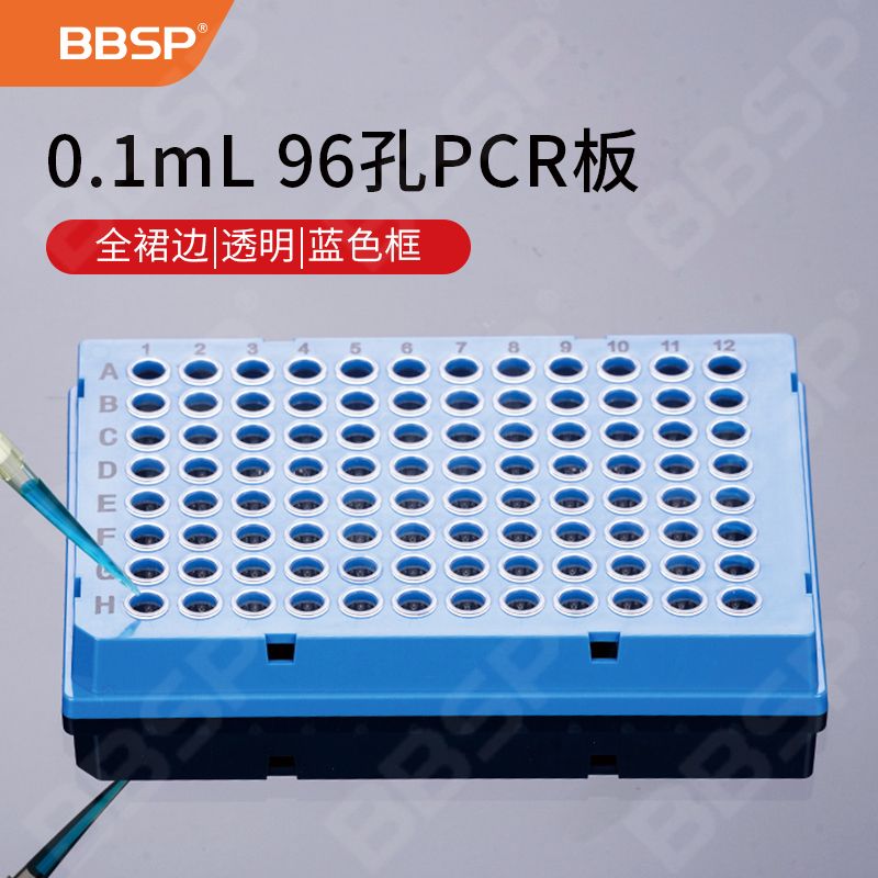 【BC9615】0.1mL 96孔PCR板-全裙边，透明，蓝色框【无DNA酶，无RNA酶，无热原】