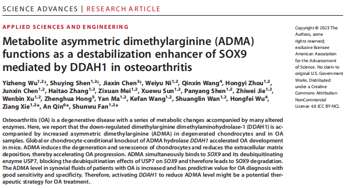 项目文章(IF=14.95) | 又一个生物标志物ADMA被发现！可为OA治疗提供新方向!