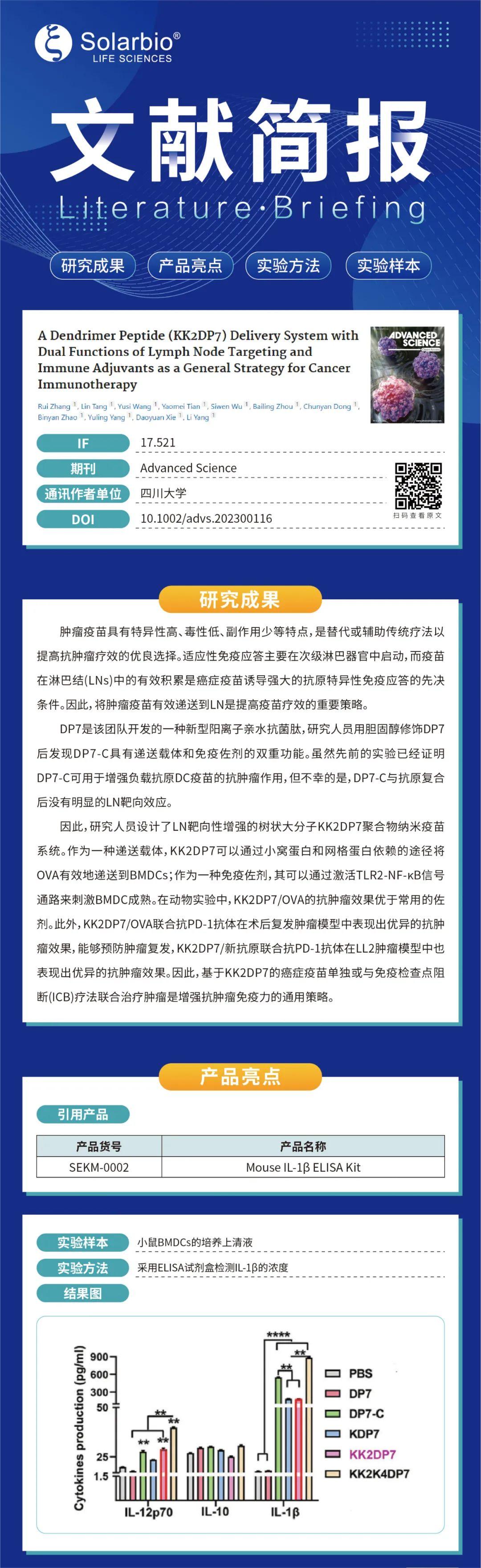 文献简报|具有淋巴结靶向和免疫佐剂双功能的树枝状多肽(KK2DP7)递送系统作为癌症免疫治疗的通用策略
