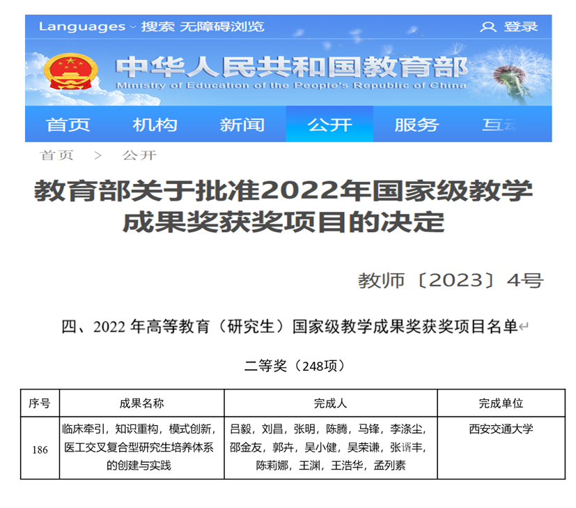 喜报！西安交通大学第一附属医院荣获国家级教学成果奖二等奖 1 项