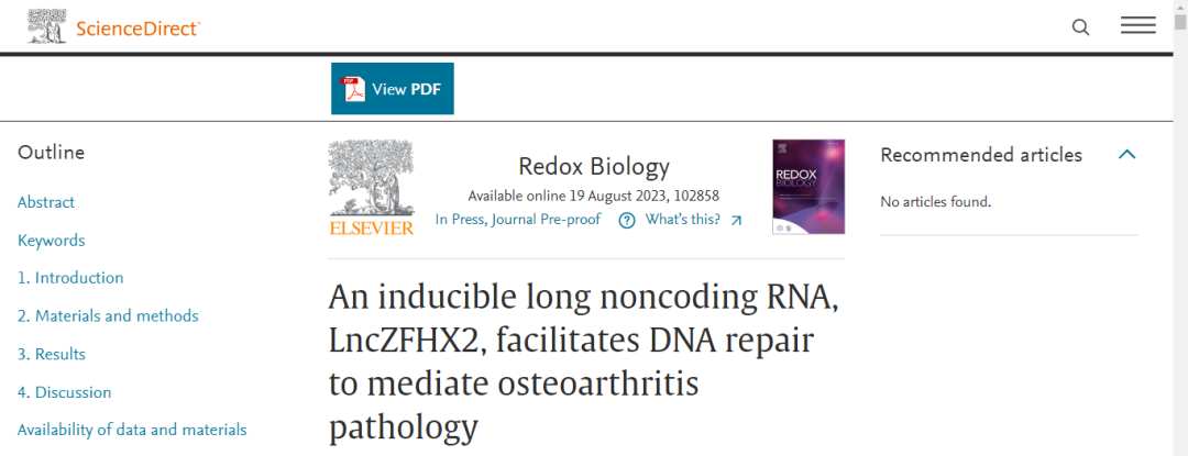 Redox Biology（IF11.4）丨LncZFHX2促进DNA修复以介导骨关节炎病理学