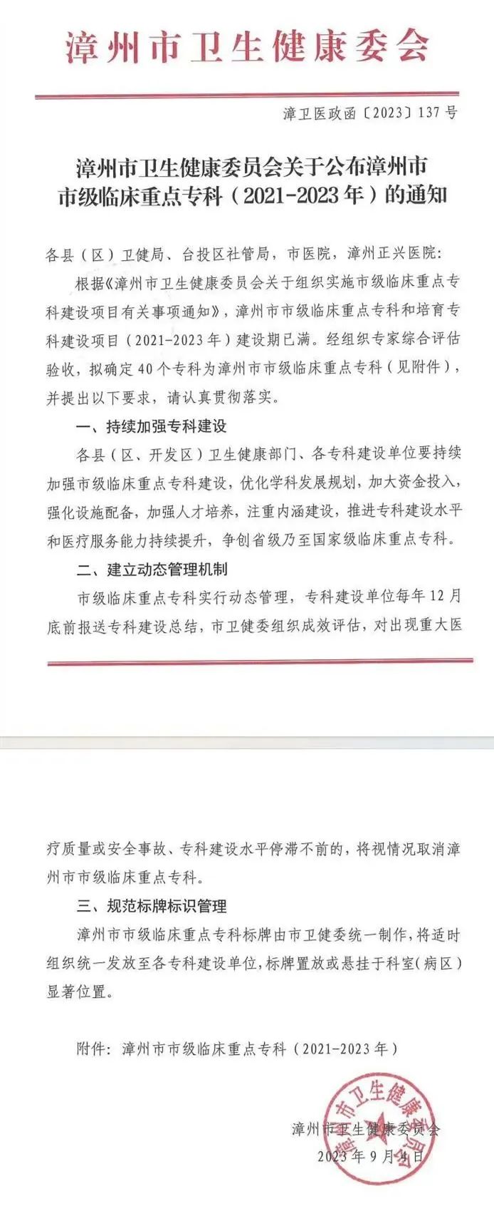 2023 年末，漳州正兴医院同时获评三个「市级临床重点专科」