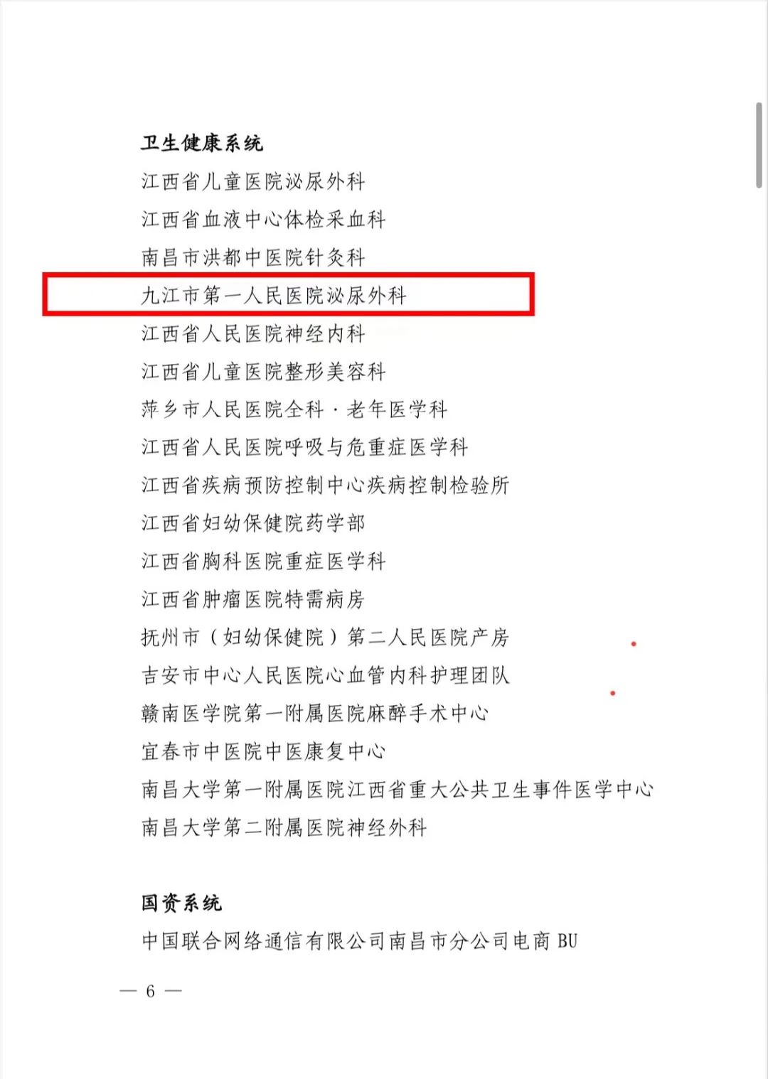 九江市第一人民医院泌尿外科荣获省级青年文明号