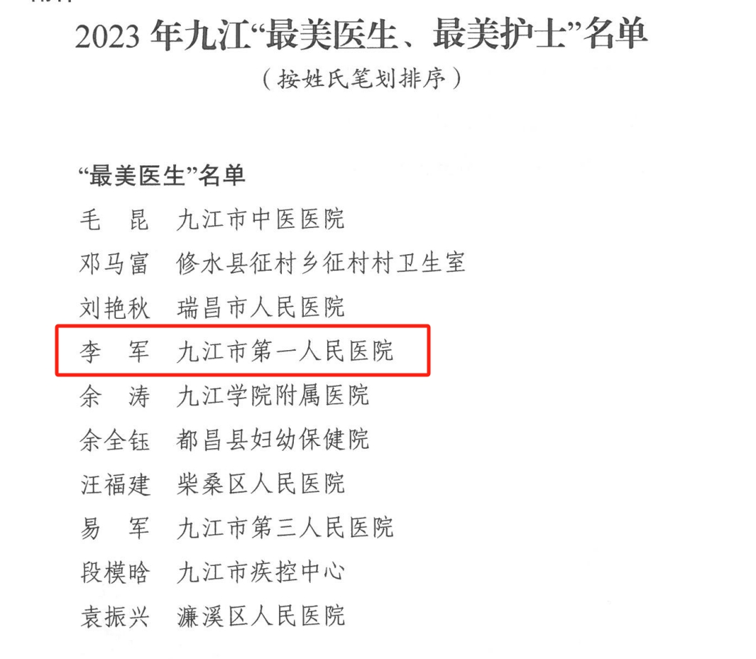 九江市第一人民医院呼吸内二科主任李军荣获 2023 年「最美医生」荣誉称号