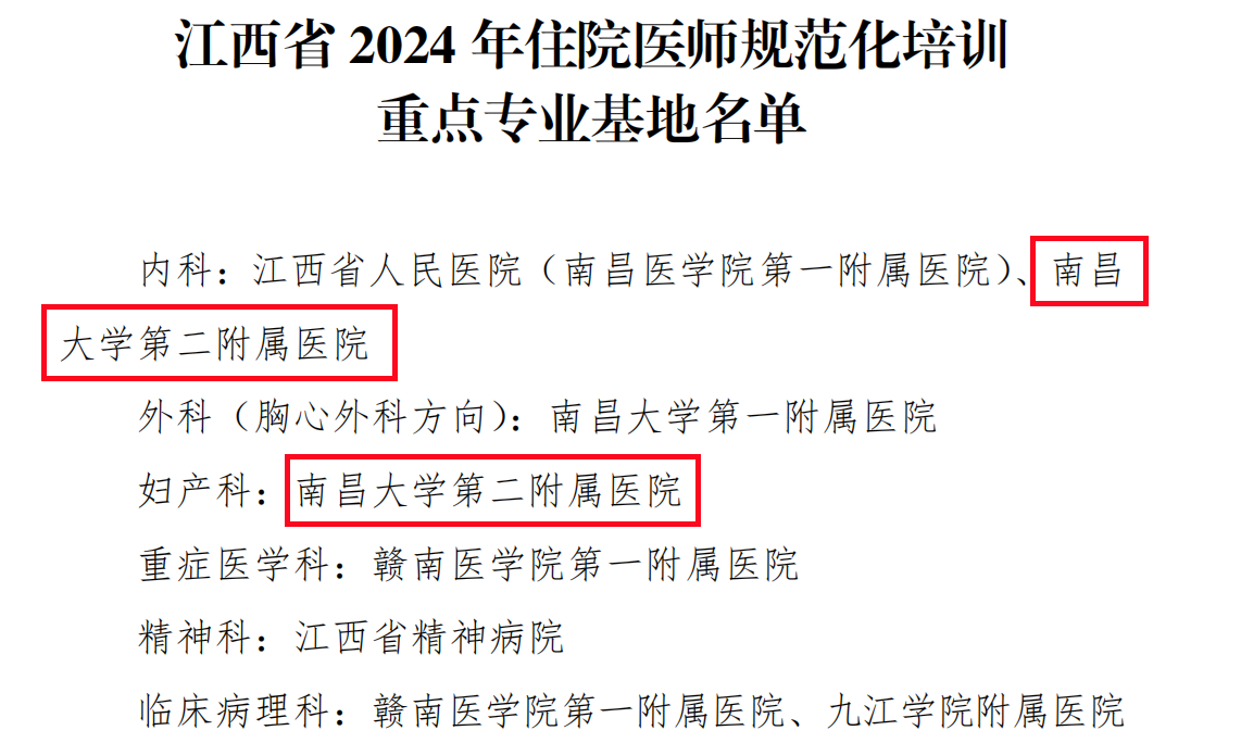 南昌大学二附院内科、妇产科基地获评 2024 年度江西省住院医师规范化培训重点专业基地