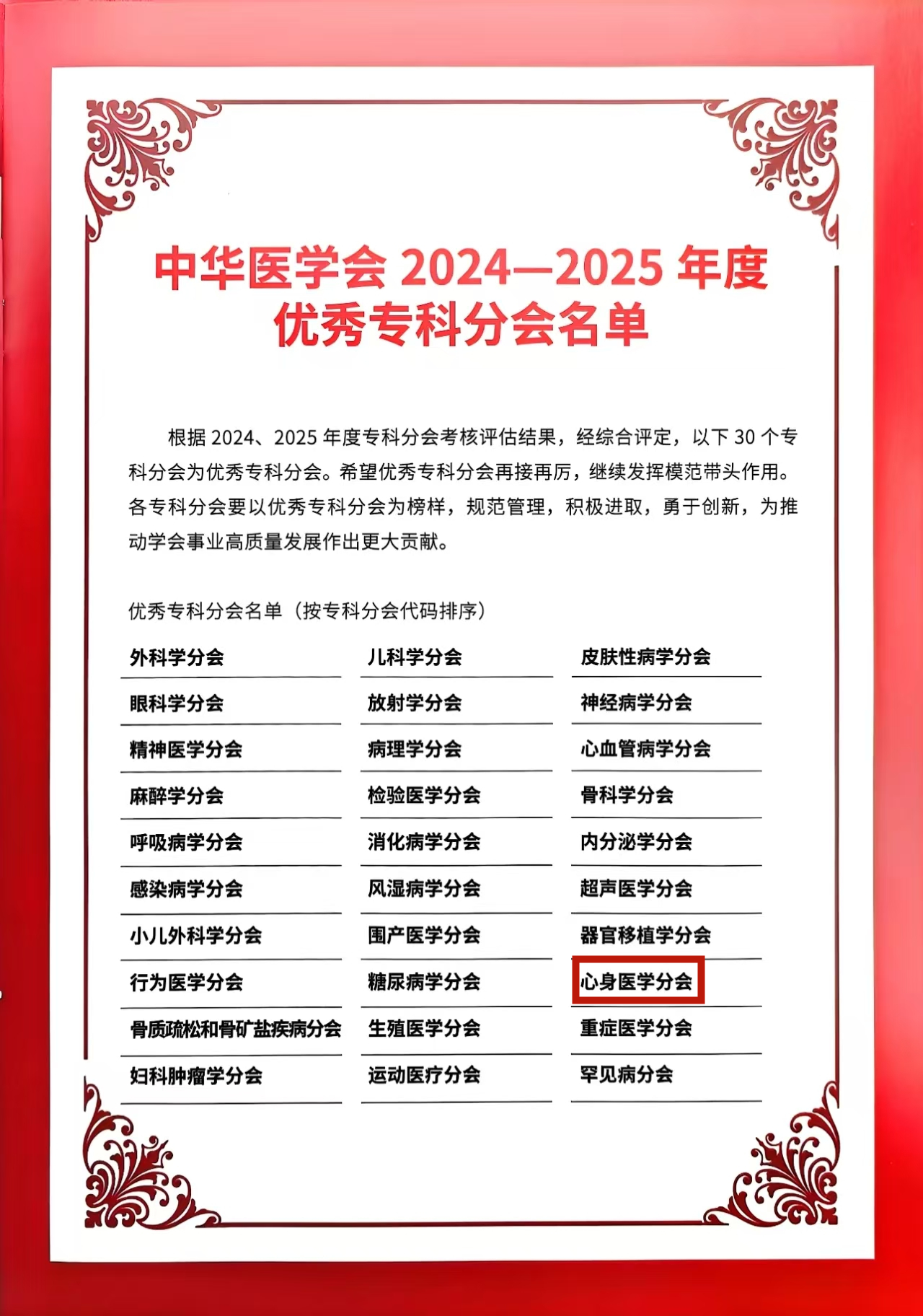 中华医学会心身医学分会荣获 2024-2025 年度优秀专科分会