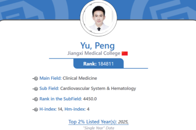 南昌大学二附院余鹏医师入选 2025 年全球前 2% 顶尖科学家榜单