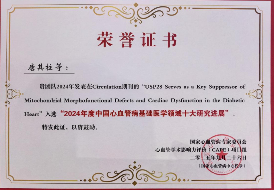 武汉大学人民医院唐其柱教授团队研究成果入选中国心血管病「年度十大心血管基础研究」