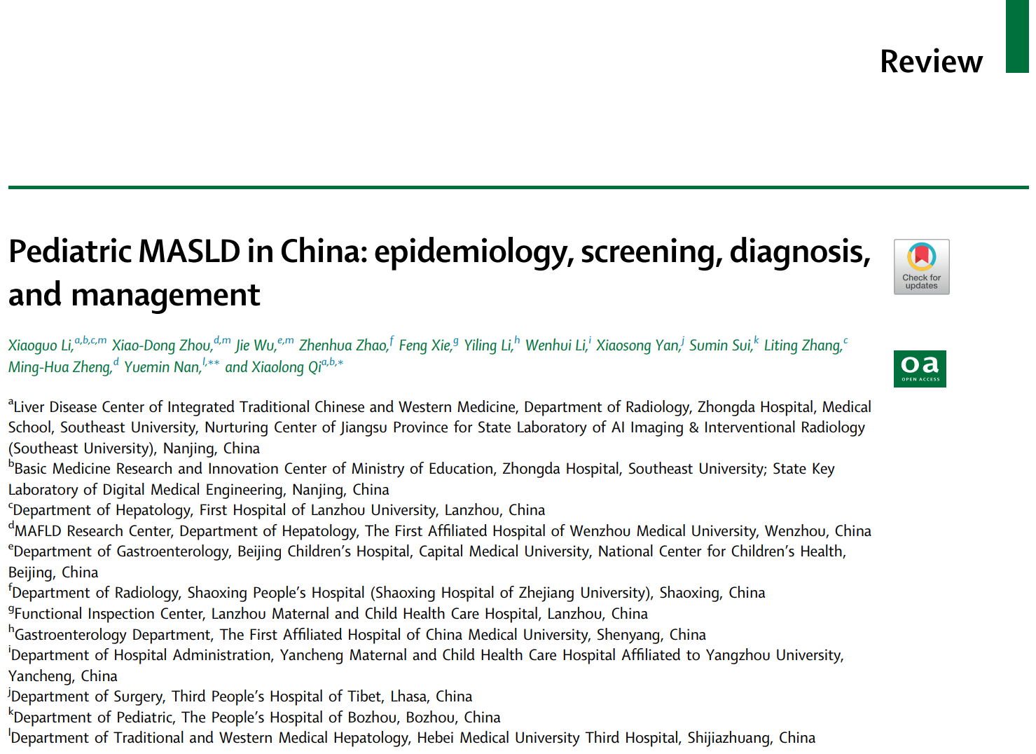 柳叶刀-区域健康 | 祁小龙联合团队系统阐述中国儿童代谢相关脂肪性肝病诊治进展