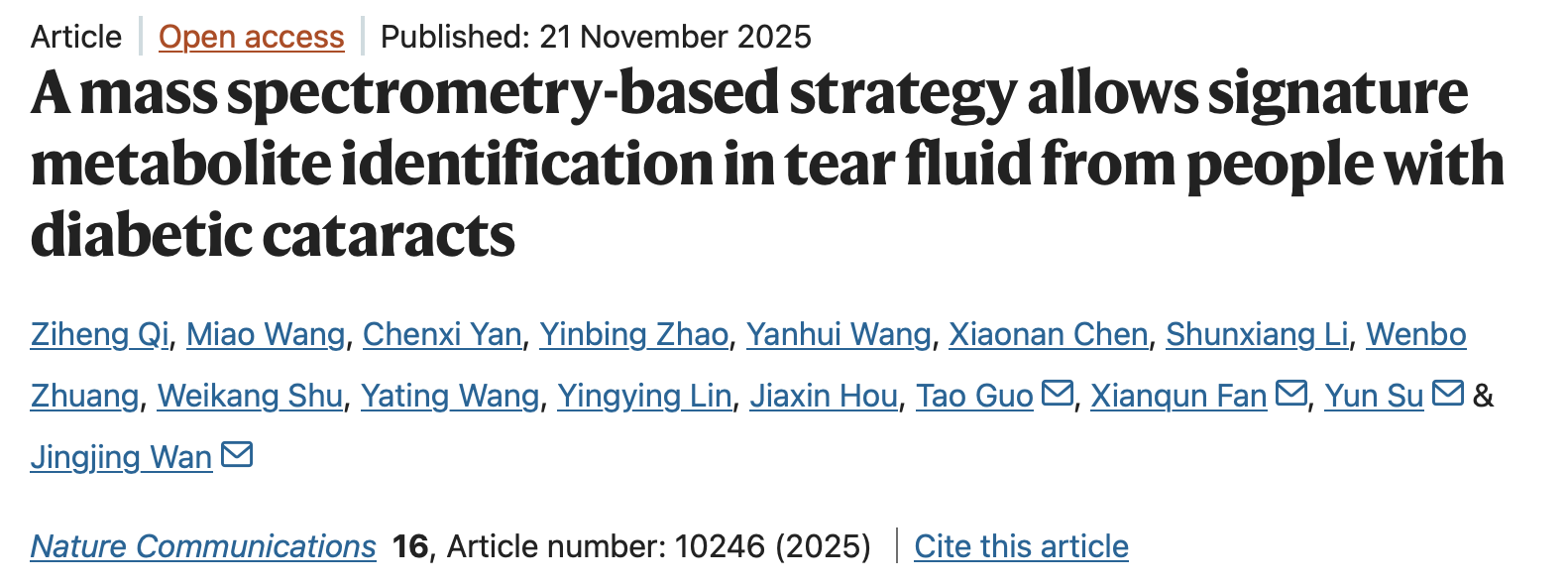 交大医学院苏蕴博士和万晶晶教授合作开发基于泪液代谢指纹的糖尿病性白内障无创诊断新方法