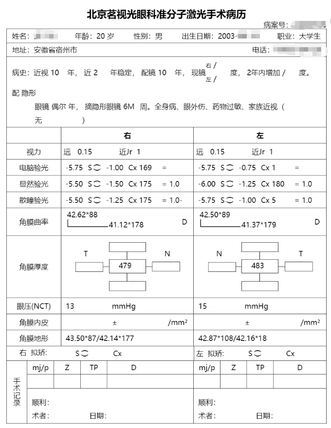 北京茗视光眼科周跃华教授为征兵入伍青年实施新全飞秒 Smile Pro 手术和薄瓣飞秒激光手术 3 例