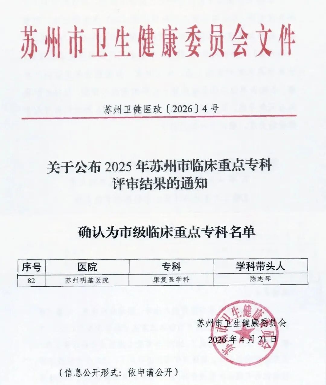 喜讯  |  苏州明基医院 康复医学科 正式获评 苏州市临床重点专科 ！