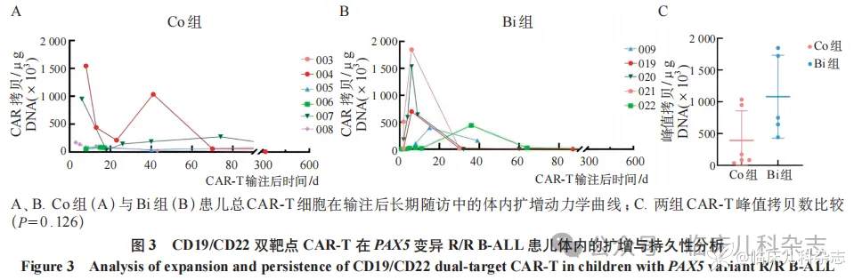 两种 CD19/CD22 双靶点 CAR-T 细胞治疗策略在儿童 PAX5 基因变异复发/难治性 B 细胞急性淋巴细胞白血病中的疗效对比研究