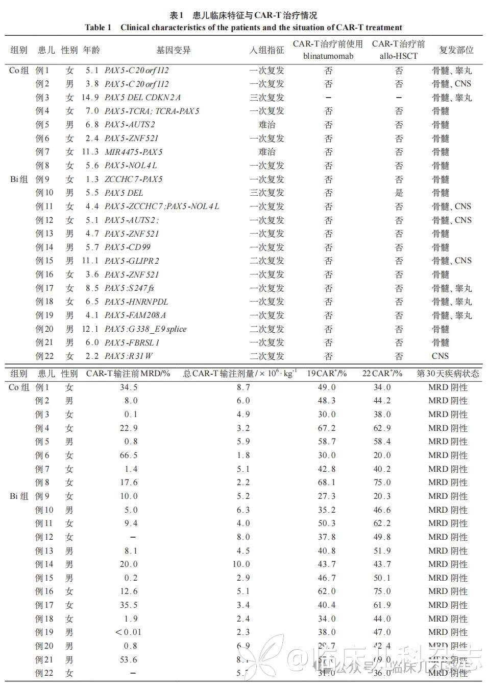 两种 CD19/CD22 双靶点 CAR-T 细胞治疗策略在儿童 PAX5 基因变异复发/难治性 B 细胞急性淋巴细胞白血病中的疗效对比研究