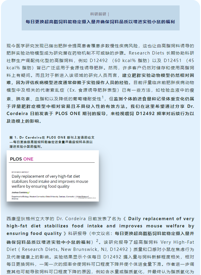 科研前研｜每日更换超高脂饲料能稳定摄入量并确保饲料品质以增进实验小鼠的福利