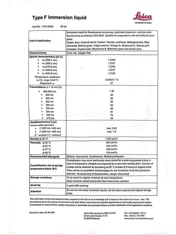 德国徕卡Leica莱卡10ml无荧光显微镜浸镜油F型1151