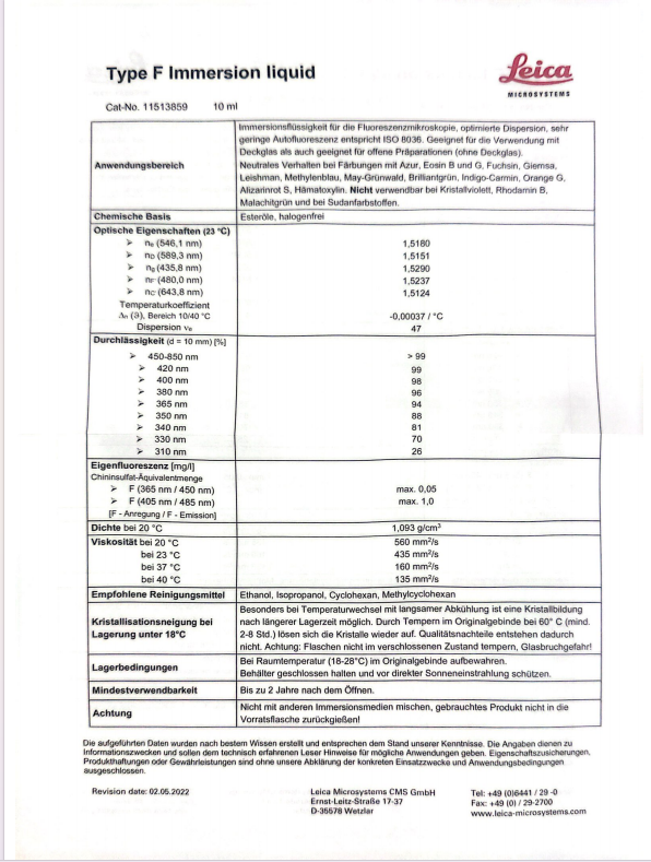 德国徕卡Leica莱卡10ml无荧光显微镜浸镜油F型1151