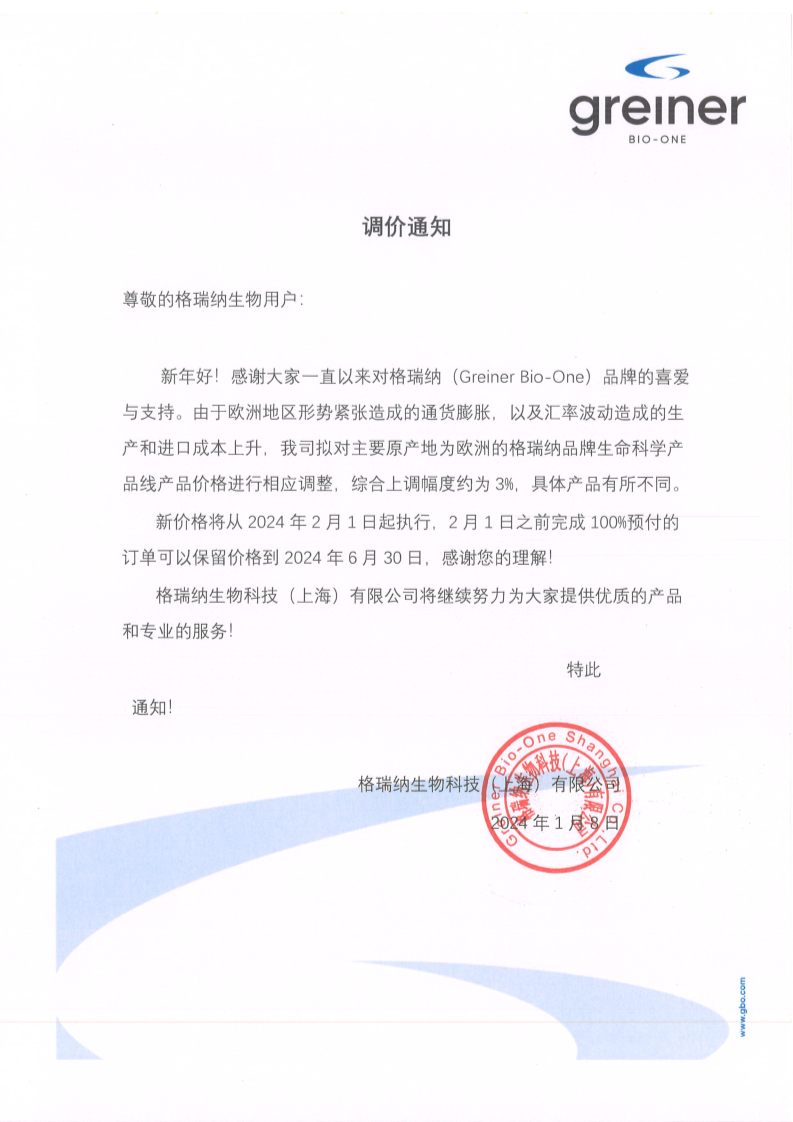 2024年Greiner产品调价通知