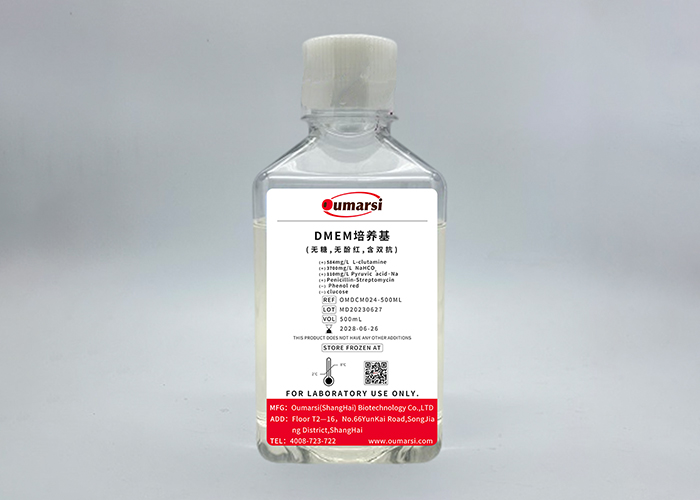 DMEM培养基(无糖,无酚红，含双抗)