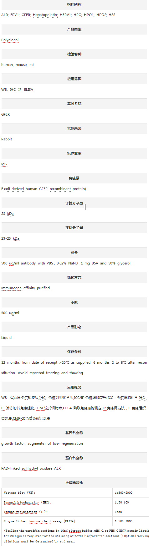 Anti-ALR/GFER antibody