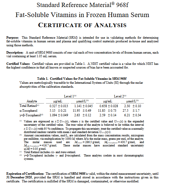 冷冻人血清中的脂溶性维生素，大量现货