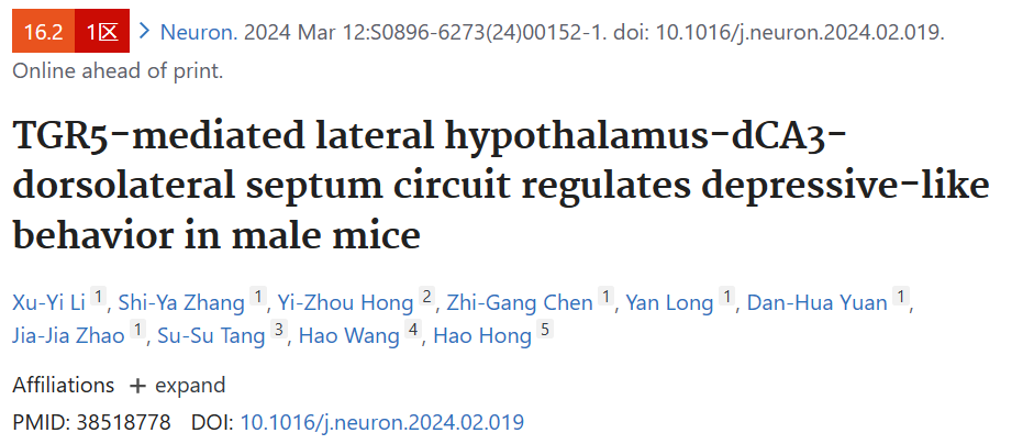 《Neuron》：调控雄性小鼠抑郁样行为重要环路机制