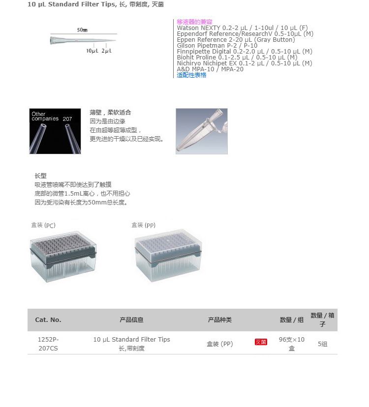 Watson 1252P-207CS 10ul加长盒装滤芯吸