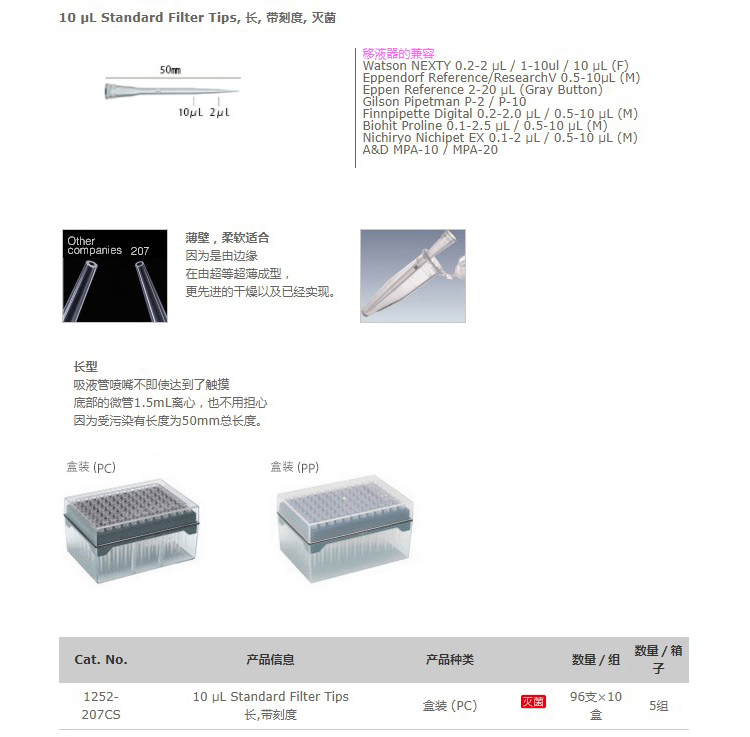 Watson 1252-207CS 10ul加长盒装滤芯吸头