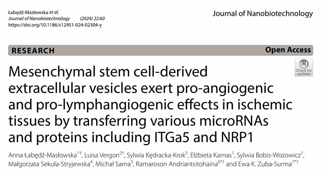 波兰科学家应用间充质干细胞来源的细胞外囊泡通过转运miRNA和蛋白质在缺血组织中发挥促血管生成和促淋巴管生成的研究