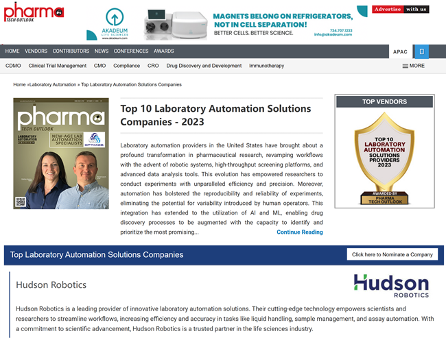 Hudson Robotics 荣登《制药技术展望》杂志 2023 年十大实验室自动化解决方案供应商