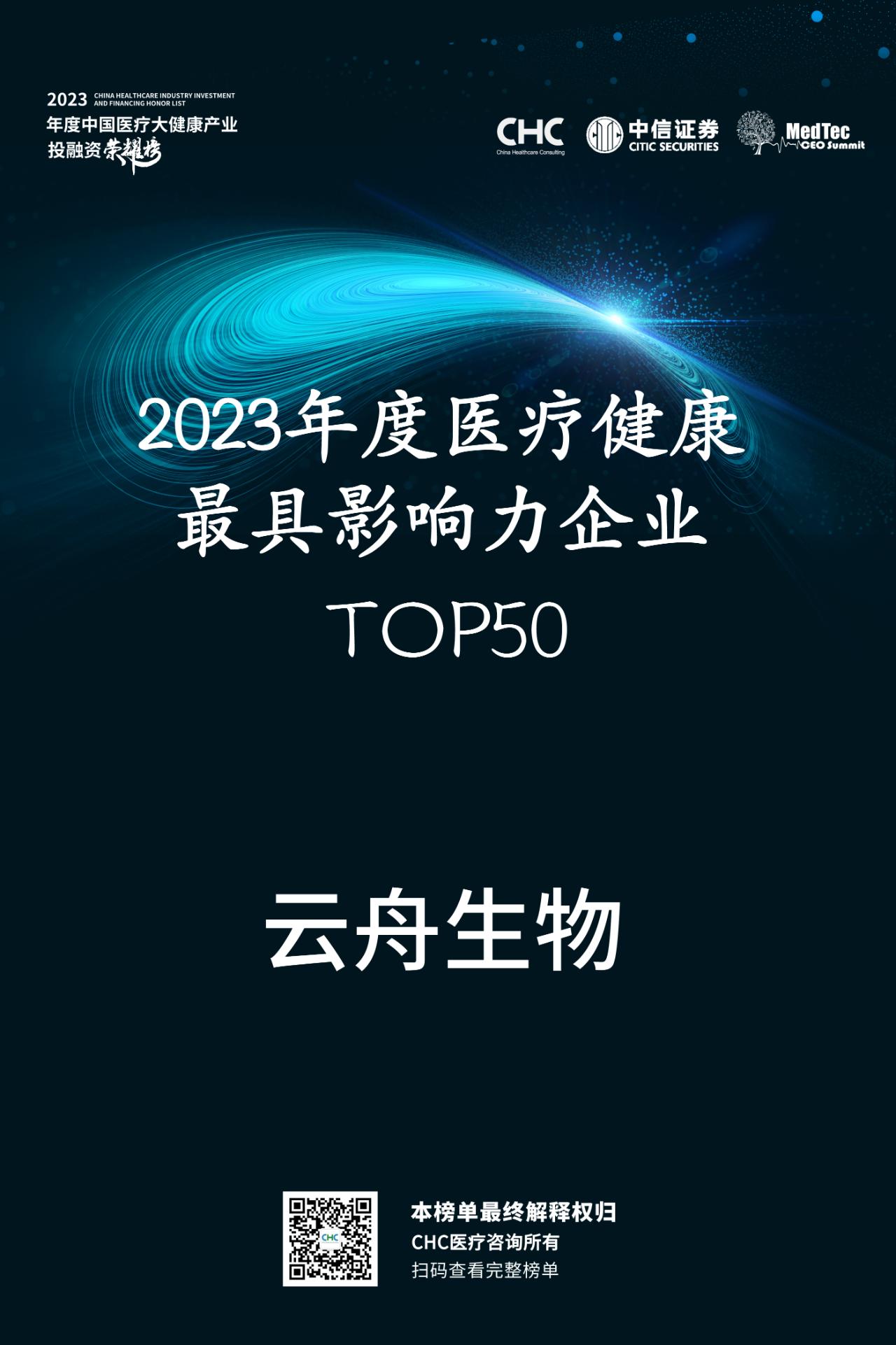 喜讯 | 云舟生物入选「2023年度医疗健康最具影响力企业TOP50」榜单