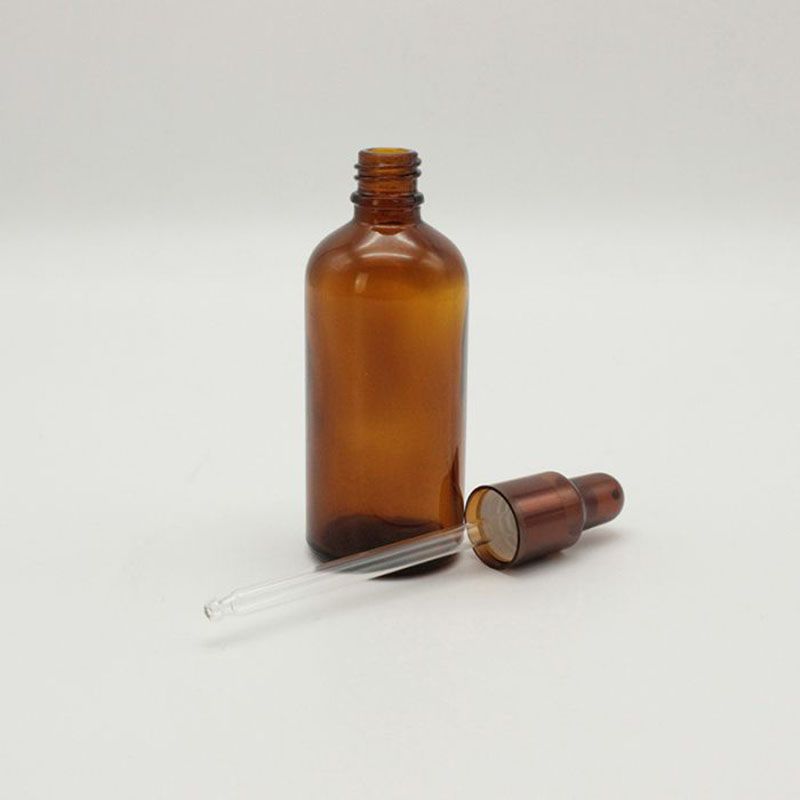 圆形吸管瓶，容量: 100ml;颜色: 琥珀色;类型: 金色铝圈;包装: 12个，芯硅谷