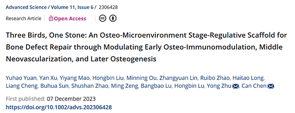 Three Birds, One Stone: An Osteo-Microenvironment Stage-Regulative Scaffold for Bone Defect Repair through Modulating Early Osteo-Immunomodulation, Middle Neovascularization, and Later Osteogenesis