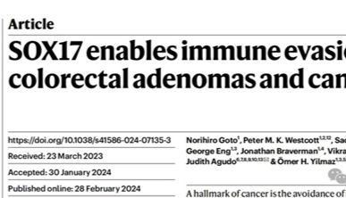 IF=​64.8丨Nature：SOX17使早期结直肠腺瘤与结直肠癌实现免疫逃逸