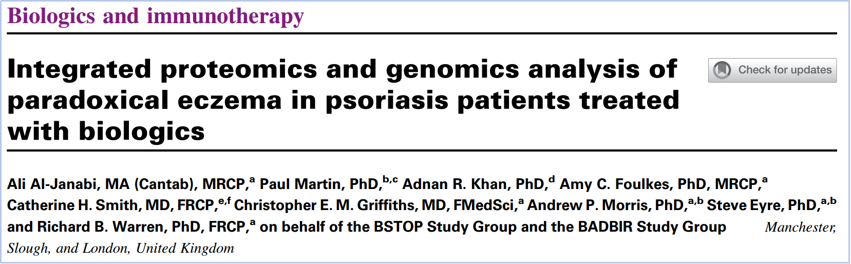 文献解读 | 接受生物制剂治疗的银屑病患者矛盾性湿疹的综合蛋白质组学和基因组学分析