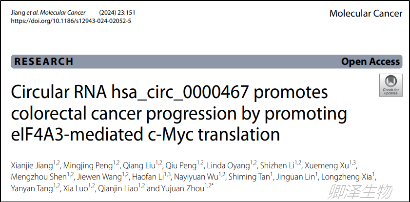 Mol Cancer. | Polysome profiling技术助力揭示结直肠癌中新环状RNA靶点