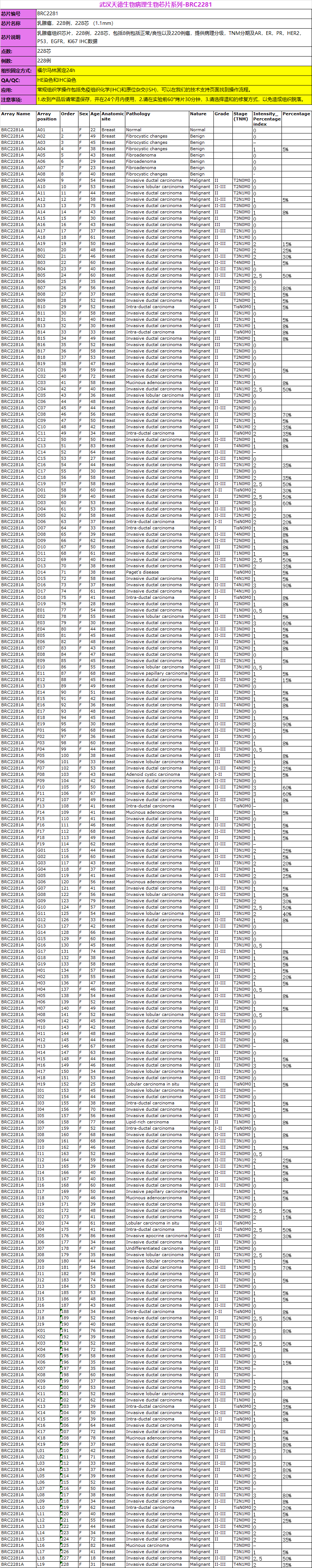 乳腺癌,228例,228芯 (1.1mm)