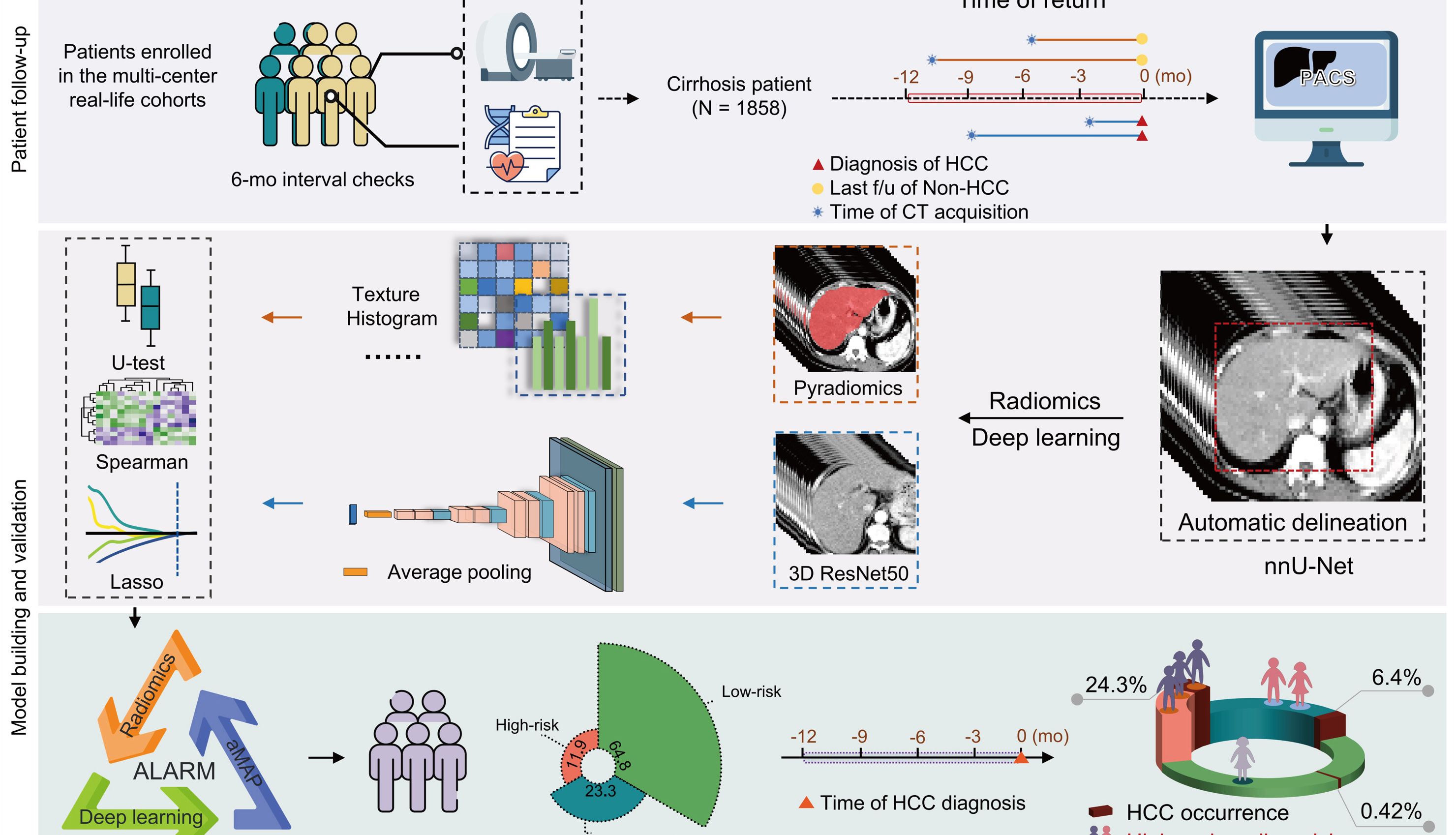 通过三期CT的深度学习影像组学模型对肝硬化患者肝细胞癌的早期预警：一项回顾性、多中心、队列研究