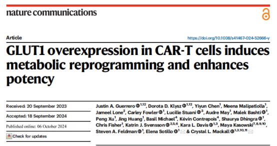 《Nature Communications》：CAR-T细胞中GLUT1的过表达诱导代谢重编程并增强效能