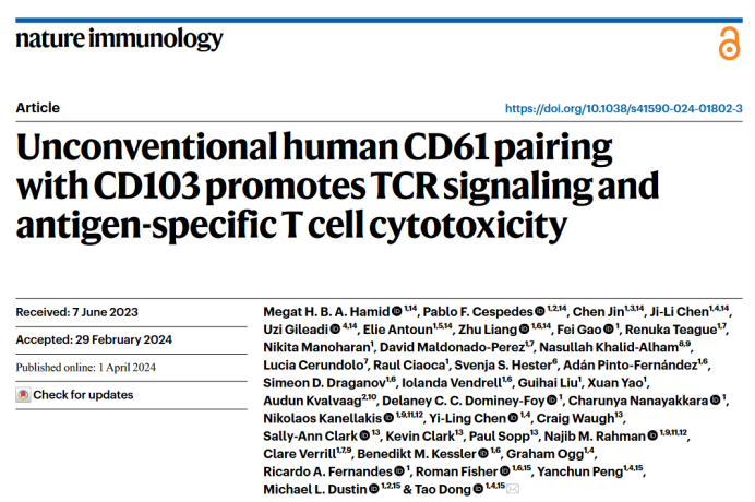 CD61与CD103配对能够促进TCR信号抑制耗竭从而增强CD8+ T细胞抗肿瘤免疫