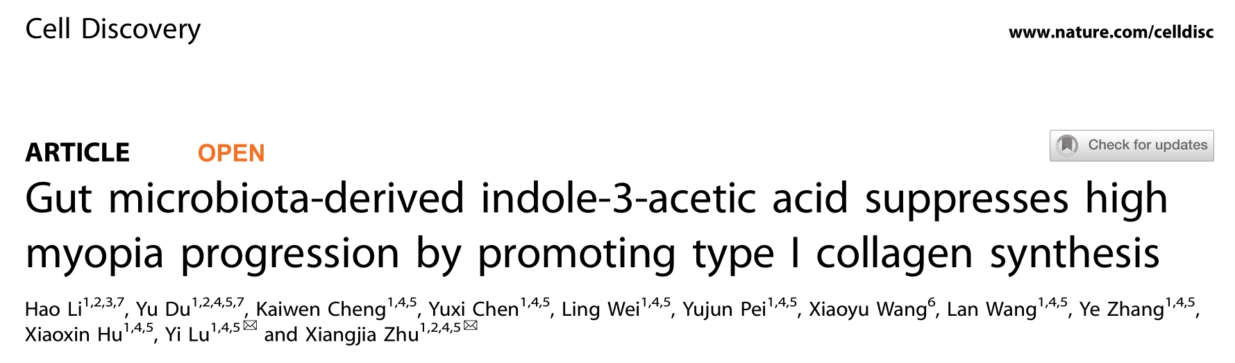 色氨酸肠菌代谢物吲哚-3-乙酸通过促进I型胶原合成抑制高度近视进展