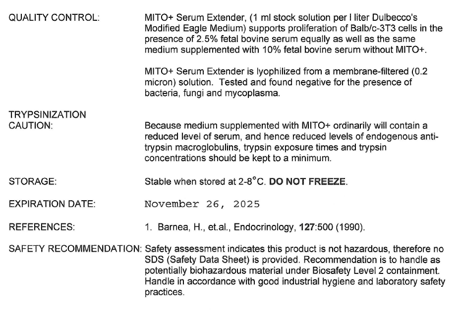 康宁货号355006,Corning MITO+ Serum Extender细胞培养试剂说明书
