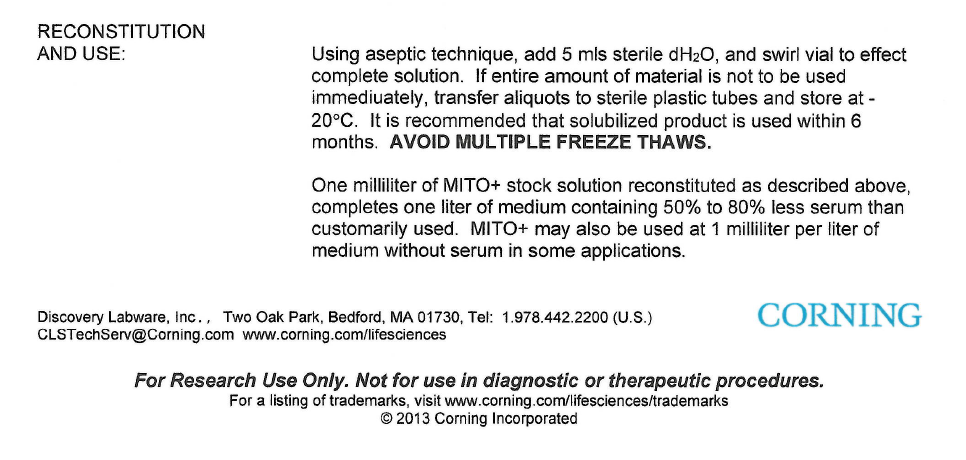 康宁货号355006,Corning MITO+ Serum Extender细胞培养试剂说明书