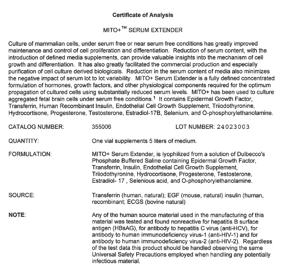 康宁货号355006,Corning MITO+ Serum Extender细胞培养试剂说明书