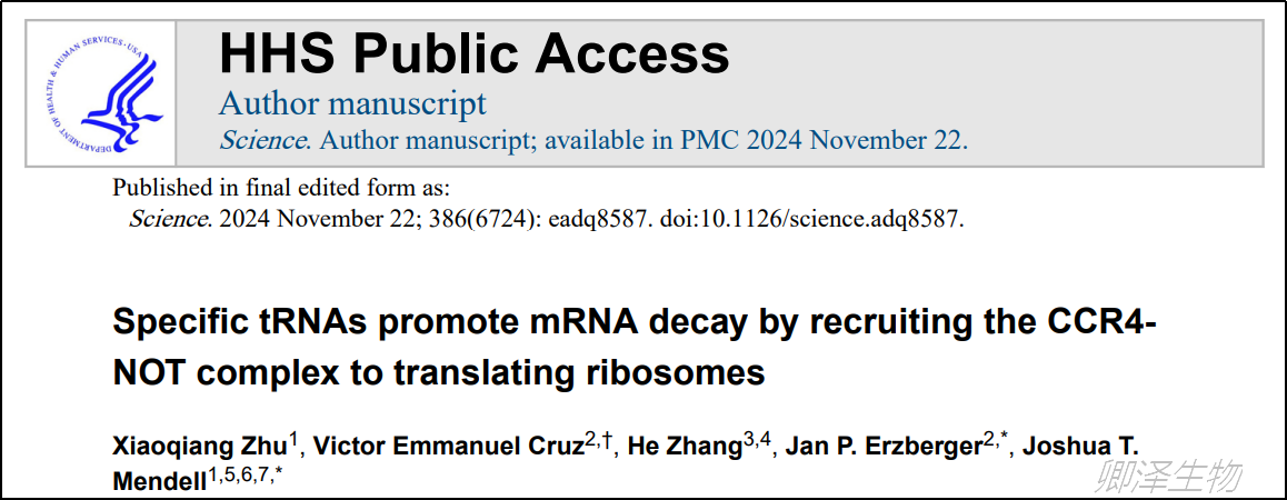 Science. | 翻译组学技术助力揭示特定tRNA调控RNA降解的新机制