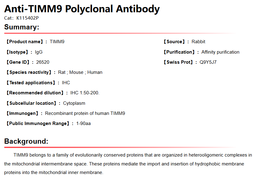 K115402P Anti-TIMM9 Polyclonal