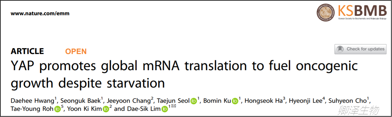 Exp Mol Med. | 翻译组学技术助力揭示YAP/ TAZ驱动的癌症靶向机制
