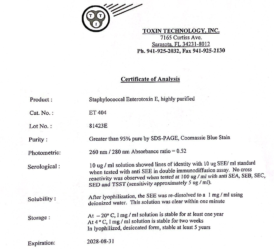 Toxin Technology葡萄球菌肠毒素E #ET404,SEE产品说明书