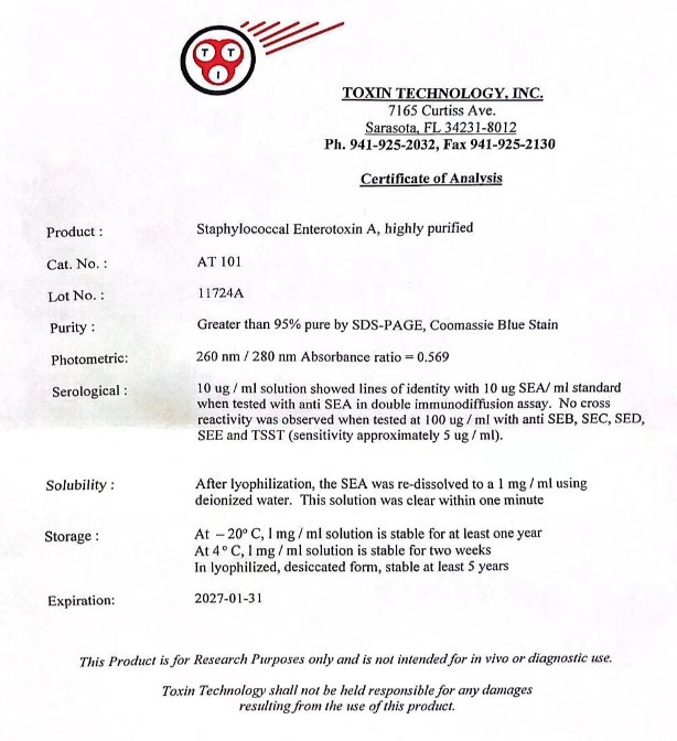 Toxin Technology葡萄球菌肠毒素 #AT101,SEA产品说明书