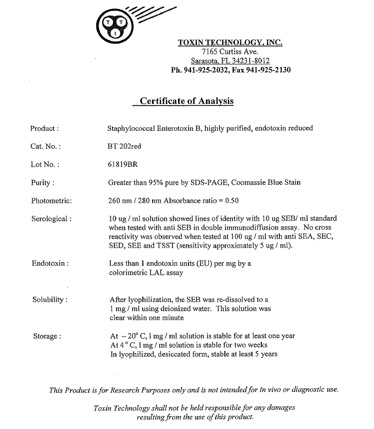 Toxin Technology葡萄球菌肠毒素E #BT202red,减毒SEB产品说明书